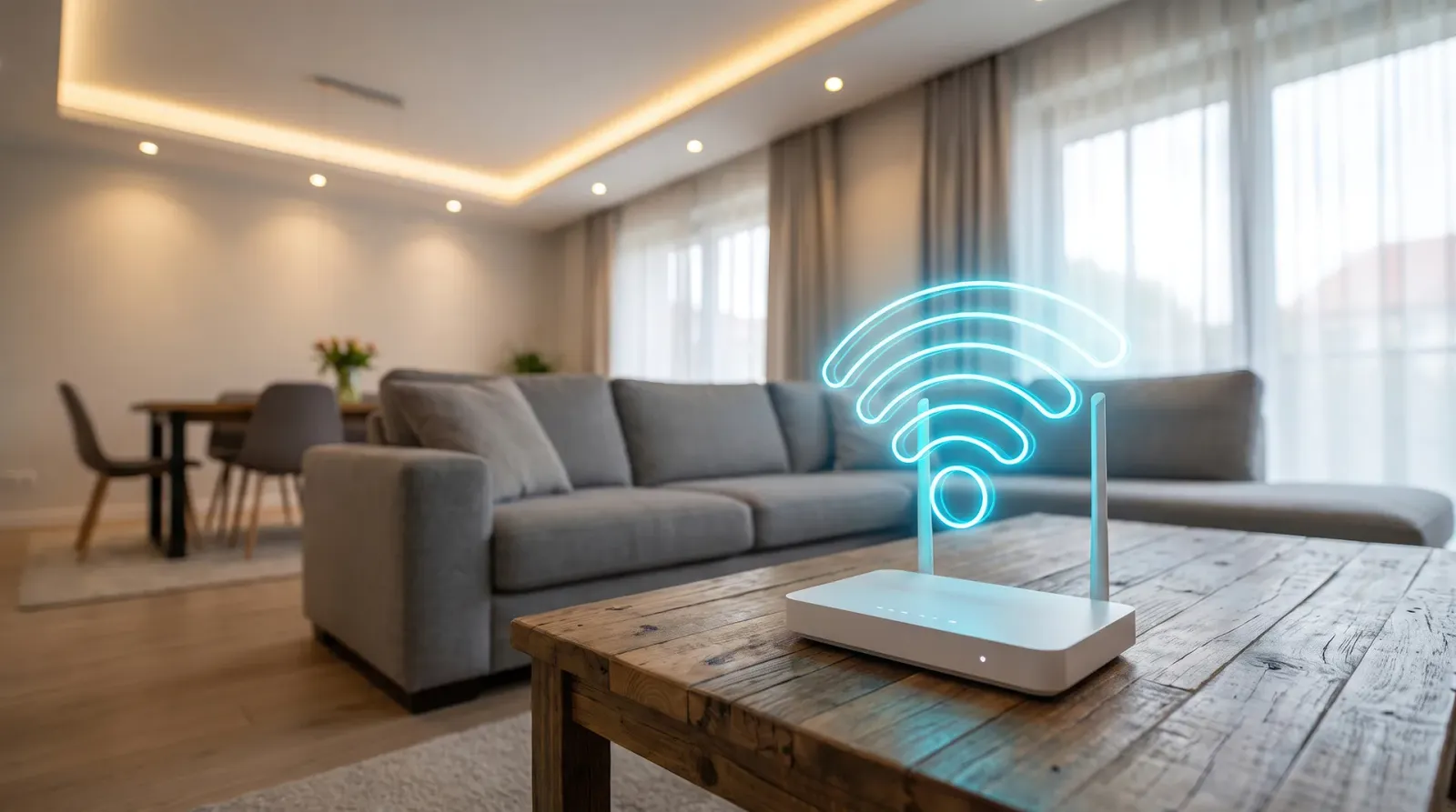 WiFi router on a wooden coffee table in a bright apartment living room with a glowing WiFi signal icon above it