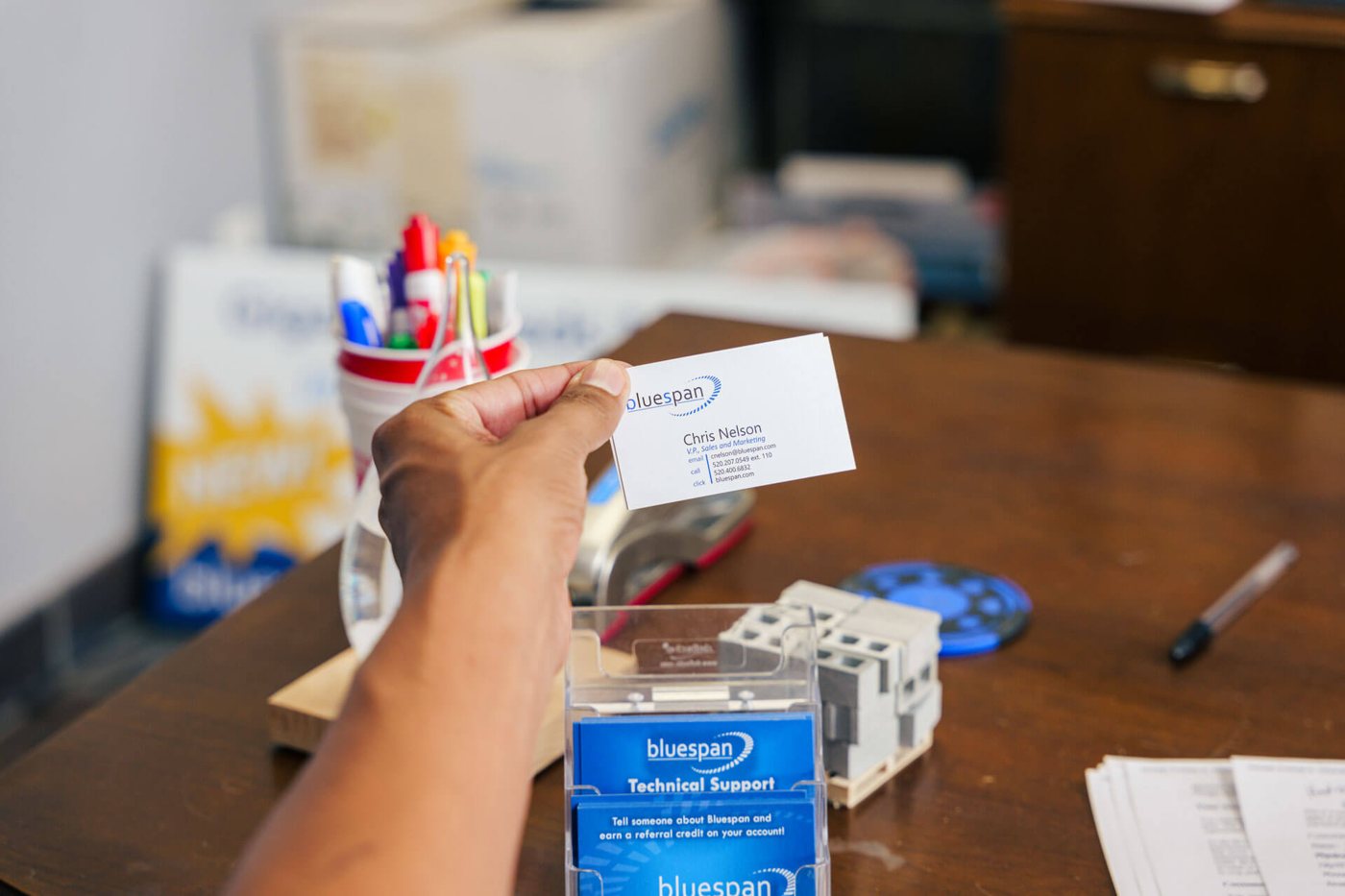 Bluespan business card highlighting local Arizona residential internet service provider