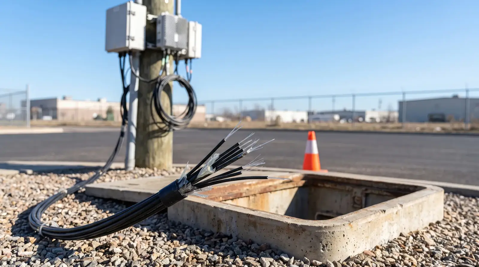 Fiber optic cable bundle fanned out at a street-level vault beside a utility pole during a fiber internet build
